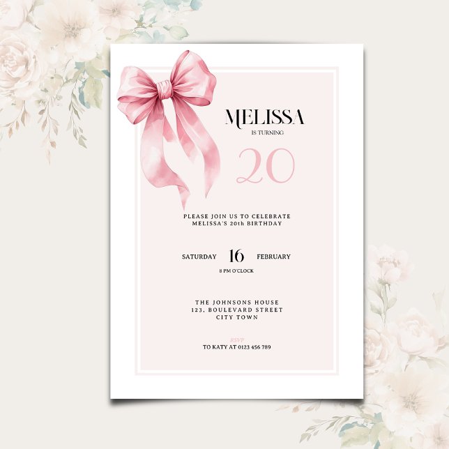 Elegant Pink Bow 20th Birthday Invitation (Creator Uploaded)