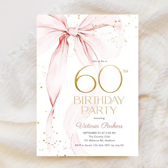 Elegant Pink Bow 60th Birthday Invitation (Creator Uploaded)