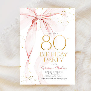 Elegant Pink Bow 80th Birthday Invitation