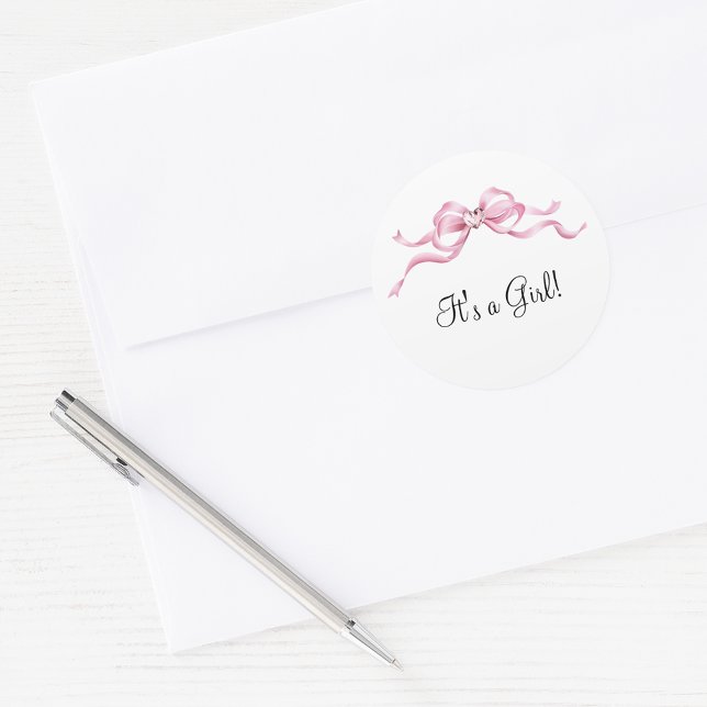 Elegant Pink Bow Baby Shower Classic Round Sticker (Creator Uploaded)