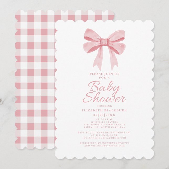  Elegant Pink Bow Baby Shower Girly Gingham Check Invitation (Front/Back)