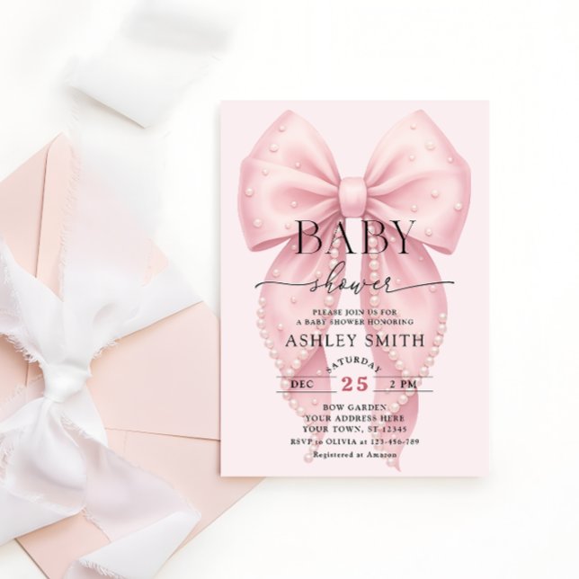 Elegant Pink Bow Baby Shower Invitation (Creator Uploaded)