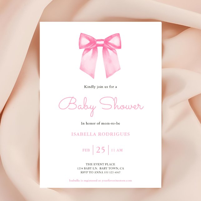 Elegant Pink Bow Baby Shower Invitation (Invite shown in 5 x 7 inches, choose size, paper and corner style. Buy print or digital invitations)