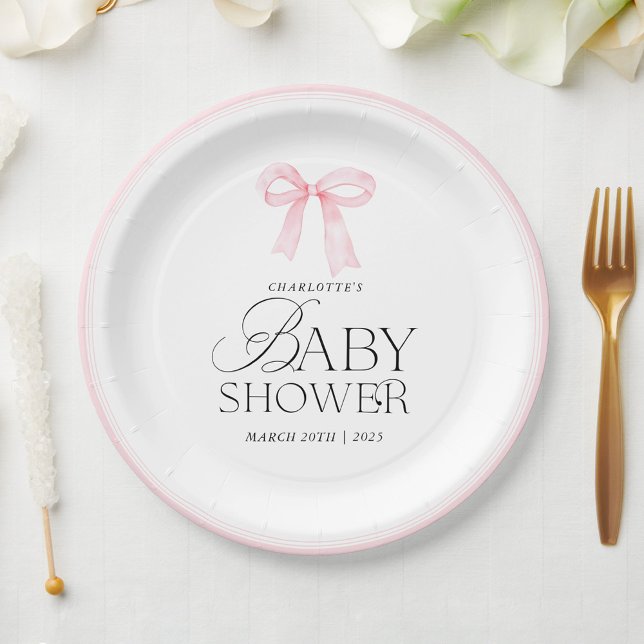 Elegant Pink Bow Baby Shower  Paper Plate (Creator Uploaded)