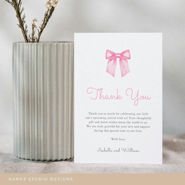 Elegant Pink Bow Baby Shower Thank You Card (Flat Thank You Card in 3.5 x 5 inches. Personalize text, select size, paper, and corner style.)