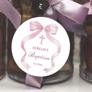 Elegant Pink Bow Baptism Classic Round Sticker
