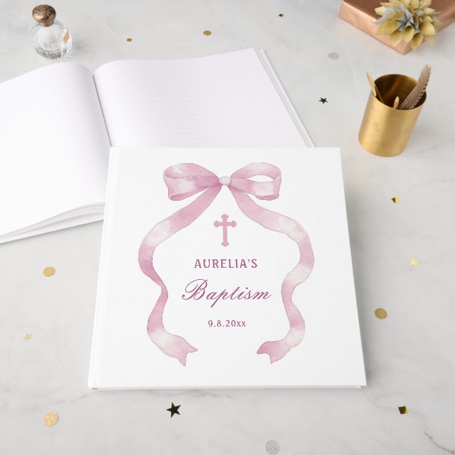 Elegant Pink Bow Baptism Guest Book (Front Open)