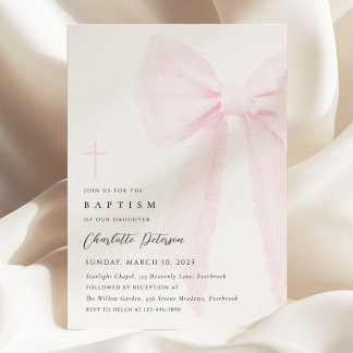 Elegant Pink Bow Baptism Invitation