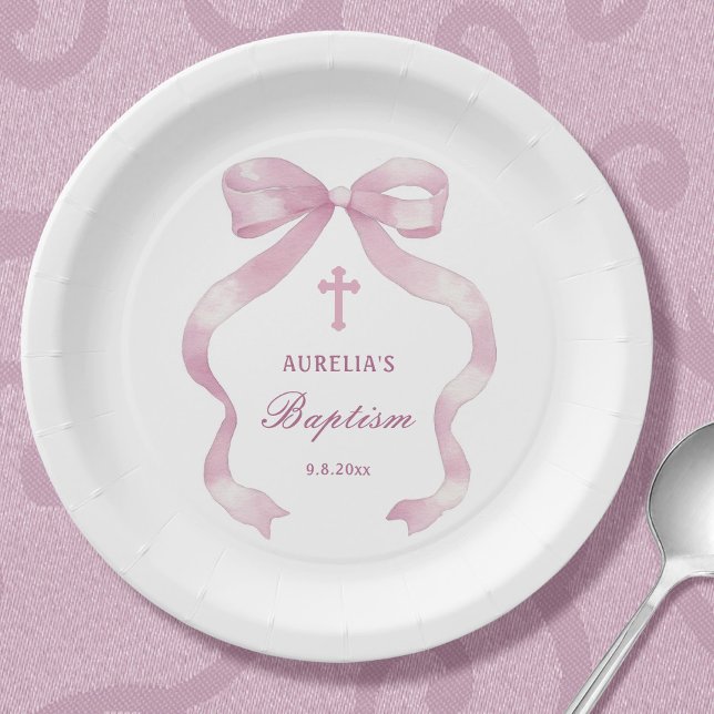 Elegant Pink Bow Baptism Paper Plate (Creator Uploaded)