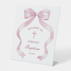 Elegant Pink Bow Baptism Welcome Pedestal Sign