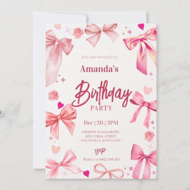 Elegant Pink Bow Birthday Party Invitation (Front)