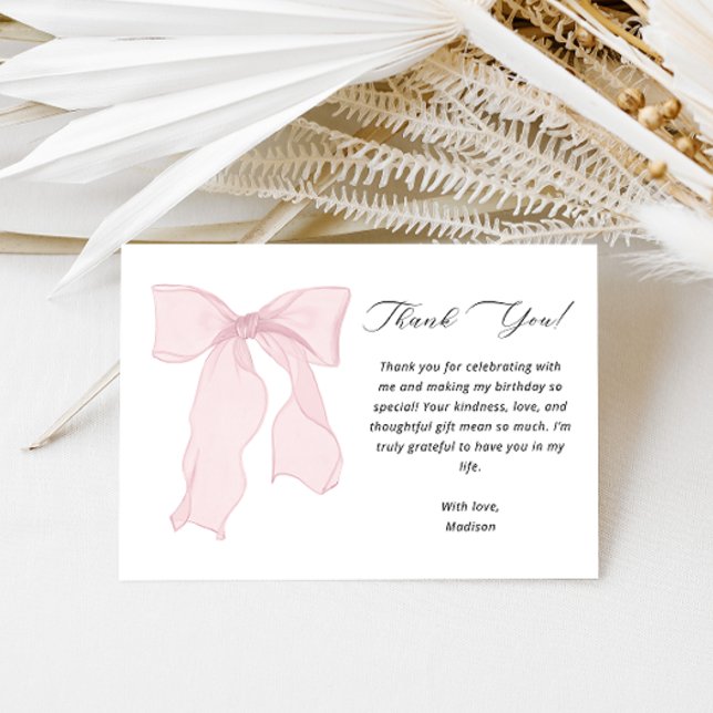 Elegant Pink Bow Birthday  Thank You Card (Creator Uploaded)