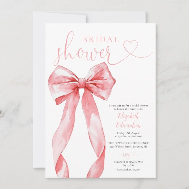 Elegant Pink Bow Bridal Shower Invitation (Front)