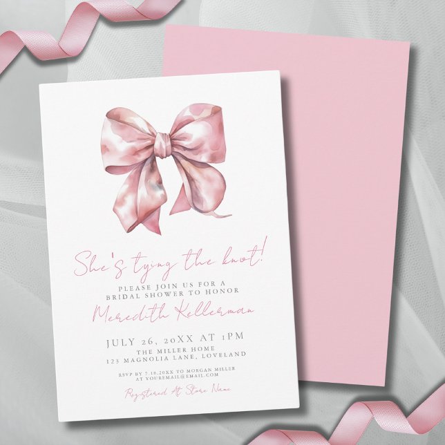 Elegant Pink Bow Bridal Shower Invitation (Watercolor Blush Pink Bow Bridal Shower Invitation)