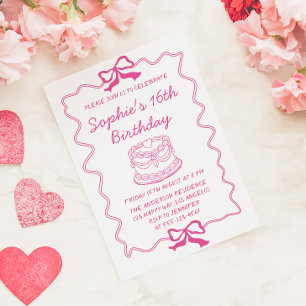 Elegant Pink Bow & Cake Sweet 16 Birthday Party Invitation