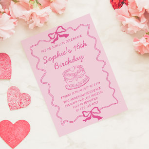 Elegant Pink Bow & Cake Sweet 16 Birthday Party Invitation