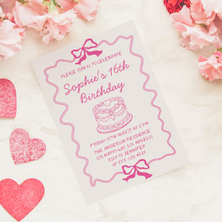 Elegant Pink Bow & Cake Sweet 16 Birthday Party Invitation