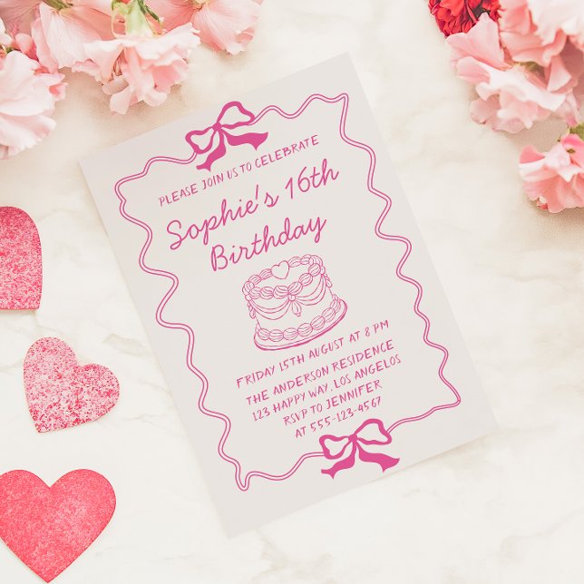 Elegant Pink Bow & Cake Sweet 16 Birthday Party Invitation (Creator Uploaded)