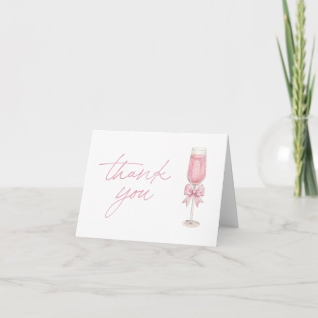 Elegant Pink Bow Champagne Shower Thank You Card (Front)