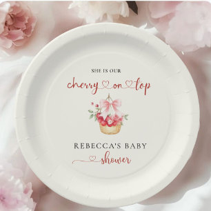 Elegant Pink Bow Cherry on Top Baby Shower Paper Plate