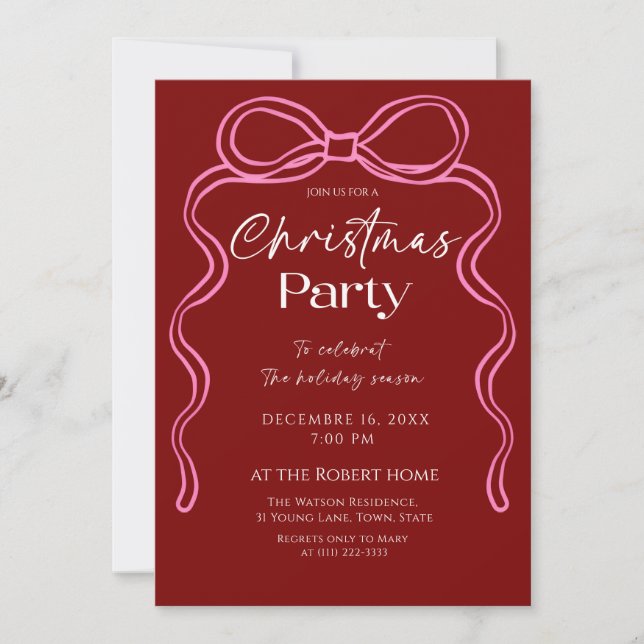 Elegant Pink bow Christmas Holiday Party  Invitation (Front)