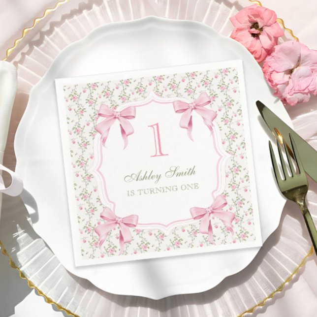 Elegant Pink Bow Coquette 1st Birthday Napkin (Creator Uploaded)