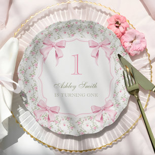 Elegant Pink Bow Coquette 1st Birthday Paper Plate