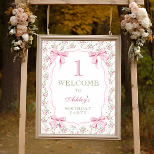 Elegant Pink Bow Coquette 1st Birthday Welcome Poster