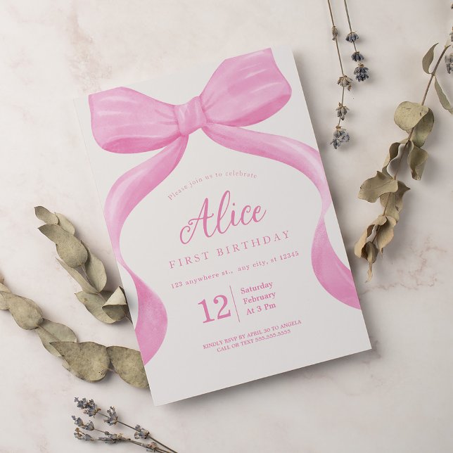 Elegant  Pink Bow Coquette First Birthday Girl Invitation (Creator Uploaded)