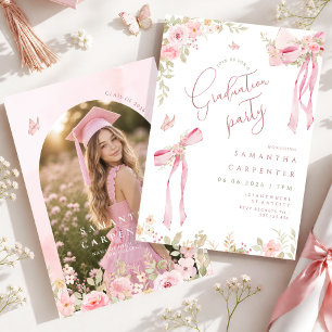 Elegant pink bow coquette FLORAL photo graduation Invitation