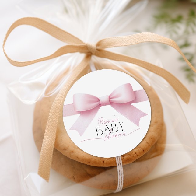 Elegant Pink Bow Coquette Girl Baby Shower Classic Round Sticker (Elegant Pink Bow Coquette Girl Baby Shower Classic Round Sticker)