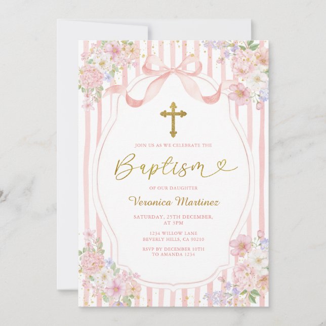Elegant Pink Bow Coquette Girl Baptism Floral Gold Invitation (Front)