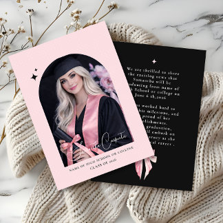 Elegant pink bow coquette photo black graduation announcement