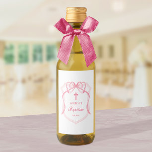 Elegant Pink Bow Crest Baptism Wine Label