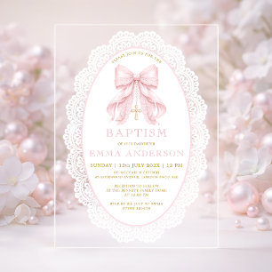 Elegant Pink Bow & Cross Girl Baptism Acrylic Invitations