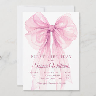 Elegant Pink Bow First Birthday Invitation