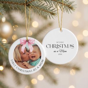 Elegant Pink Bow First Christmas as a Mum Photo Ceramic Ornament