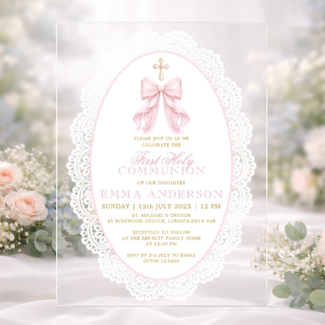 Elegant Pink Bow First Holy Communion Acrylic Invitations (Creator Uploaded)
