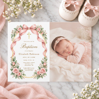 Elegant Pink Bow Floral Baptism Photo Invitation