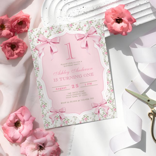 Elegant Pink Bow Floral Coquette 1st Birthday Invitation (Creator Uploaded)