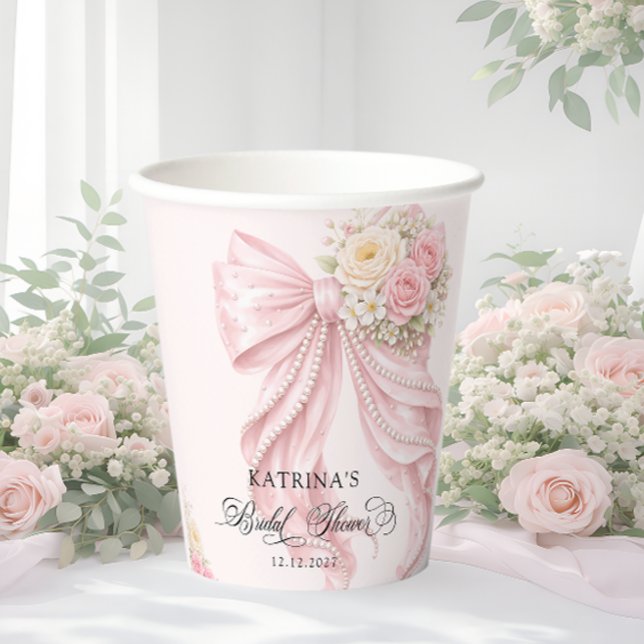 Elegant Pink Bow Floral Coquette Bridal Shower Paper Cups (Creator Uploaded)