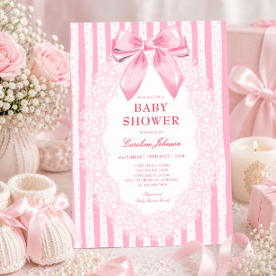 Elegant Pink Bow Floral Lace Baby Shower Invitation