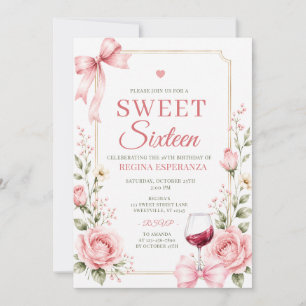 Elegant Pink Bow Floral Sweet Sixteen Birthday Invitation
