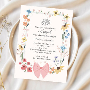 Elegant Pink Bow & Flowers Aqiqah Muslim Invitation