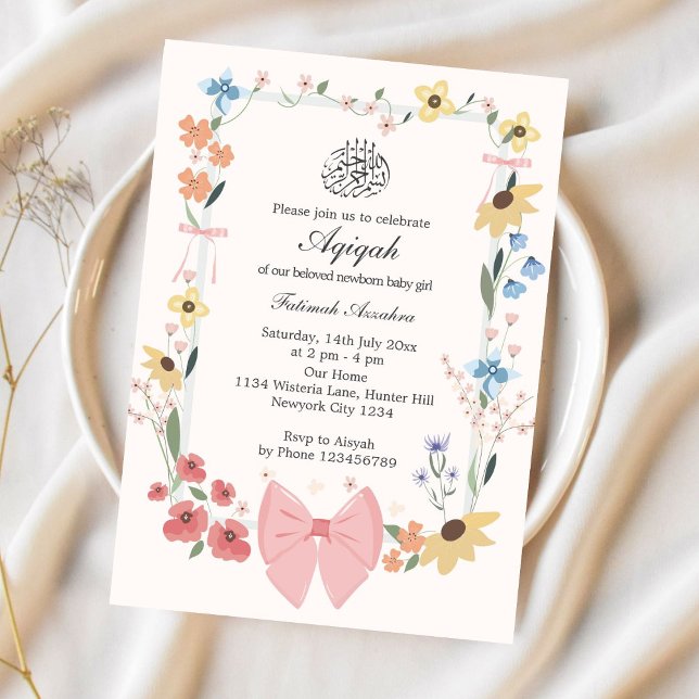 Elegant Pink Bow & Flowers Aqiqah Muslim Invitation (Creator Uploaded)