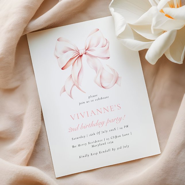 Elegant Pink Bow Girl 2nd Birthday Invitation (Creator Uploaded)