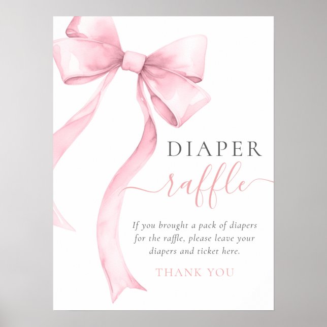 Elegant Pink Bow Girl Baby Shower Diaper Raffle Poster (Front)