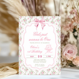 Elegant Pink Bow Girl First Birthday Invitation