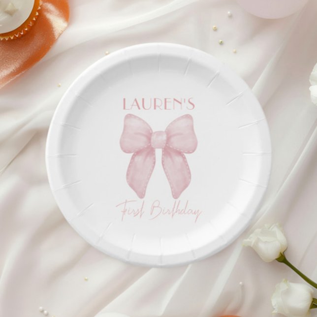 Elegant Pink Bow Girl First Birthday Paper Plate (Creator Uploaded)