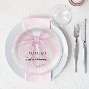 Elegant Pink Bow Girls Baby Shower Paper Plate